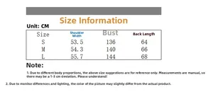 Size chart for hurricane bubble down jacket showing measurements in centimeters