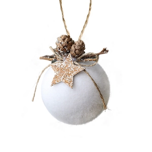 White snowy Christmas foam ball ornament with pine cones and wooden star decoration