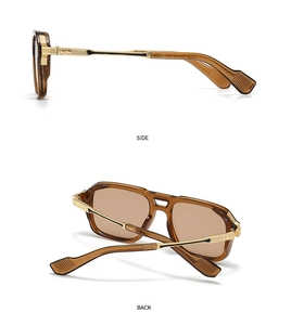 Detail view showing side and back of amber tortoise shell aviator sunglasses with gold accents