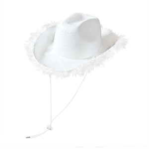 Detailed view of white cowboy hat with fluffy faux feather trim and adjustable chin strap