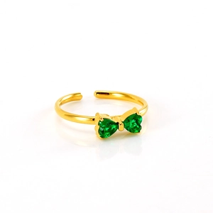 Gold adjustable stainless steel bow ring with two green heart-shaped zircon stones
