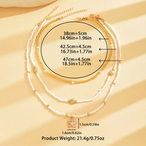 Three-layer beach necklace set with white seed beads and golden starfish pendants