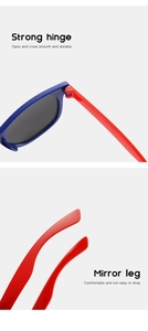 Detail of durable strong hinges and comfortable non-slip temple tips on kid sunglasses