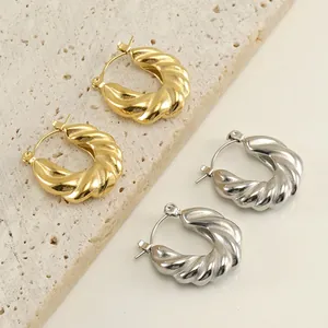 Boucles D'oreilles Créoles Torsadées Croissant Acier Inoxydable Plqué Or 18K Style Rétro Minimaliste Pour Femmes