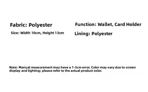 Polyester card holder specifications detail with dimensions 10x13cm and material info