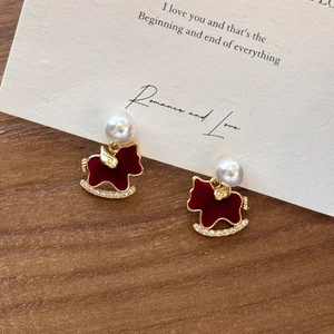 Elegant 18k gold plated red trotting horse earrings with white pearl and sparkling crystals