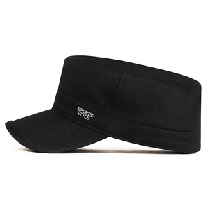 Classic black cotton flat top military cap with Sports Style metal label and curved brim