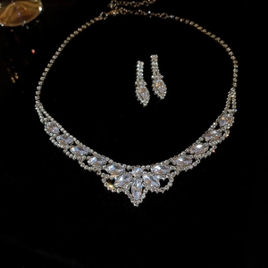Rhinestone Water Drop Jewelry Necklace And Earrings Alloy Silver Color Luxury Wedding Party Accessories For Women