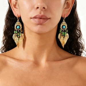 Boucles D'oreilles Pendantes Bohèmes En Cuivre Avec Perles En Pierre Turquoise Et Pendentifs Feuilles Pour Femmes