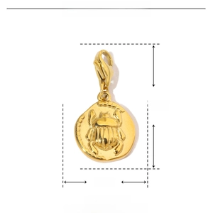 Detailed dimensions of a golden beetle charm in stainless steel with a lobster clasp