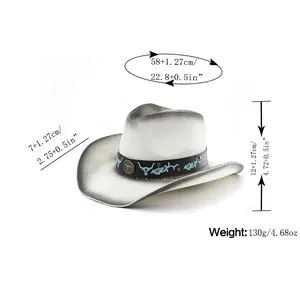 Detailed size chart for Western cowboy straw hat showing brim, height and circumference