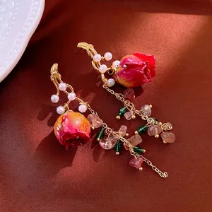 Baroque style long tassel earrings with red roses pearls and crystals on silk background