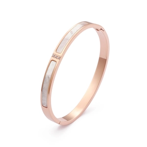 Minimalist 18K rose gold plated stainless steel bangle with white shell and three diamonds
