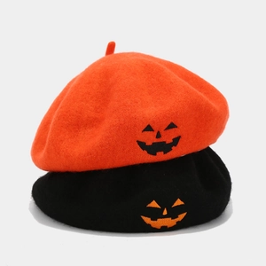 Halloween pumpkin face embroidered wool beret hat in orange and black set