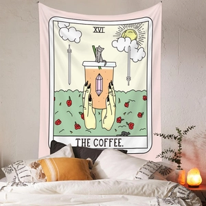 Detailed close-up of The Coffee tarot tapestry featuring a cat, roses and a coffee cup