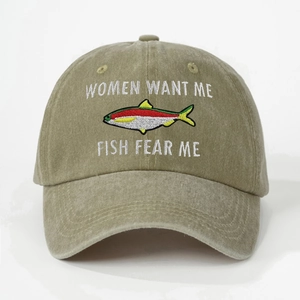 Detailed view of fish embroidery and humor quotes on khaki washed cotton baseball cap