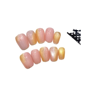 Pink and gold gradient cat eye press-on nails set in short square round shape on white background