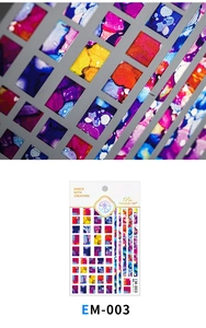 Detail of EM-003 nail art stickers with abstract ink smudge texture and vibrant colors