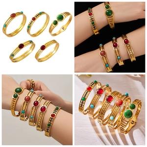Collage of 18k gold plated stainless steel bangles with colorful zircon and gemstones
