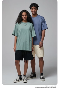 Oversized pure cotton t-shirts and shorts set in muted sage green and blue tones