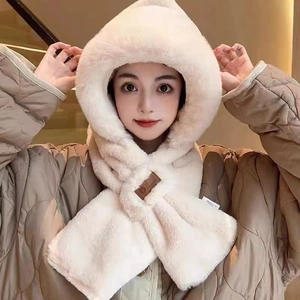 Creamy white plush hooded scarf with integrated thick faux fur ear protection hat