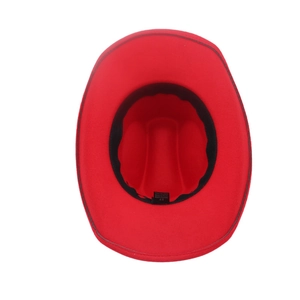 Macro view of red fedora hat interior showing 100% polyester label and black sweatband