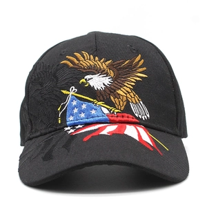 Black baseball cap with American flag and eagle embroidery, stylish outdoor sun hat design