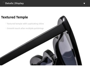 Detail of high-gloss heart sunglasses temples with smooth polished finish for women