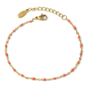 Bohemian stainless steel gold chain bracelet with coral pink enamel beads and lobster clasp
