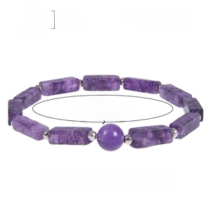 Natural Amethyst rectangle crystal stretch bracelet with 8mm round bead and silver spacers