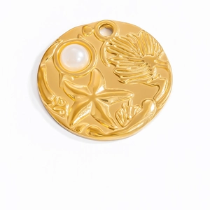 Round 18k gold plated sea shell starfish charm pendant with white pearl accent