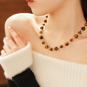 Collana Perline Occhio Di Tigre Rame Placcato Oro Vero Chiusura Zircone Tondo Vintage Francese Gioielli Moda Donna