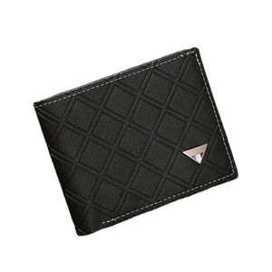 Short black men's wallet with diamond pattern and white stitching on a white background