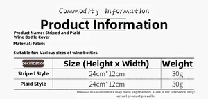 Detailed chart showing sizes and fabric specs for striped Christmas wine bottle covers