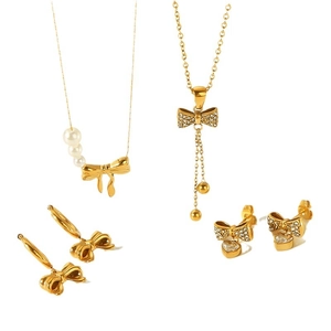 Parure de bijoux plaqué or 18k avec colliers nœuds en perles et boucles d'oreilles cristal