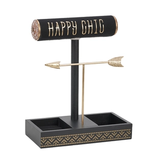 Three-tier black and gold jewelry display stand for necklaces, bracelets and rings