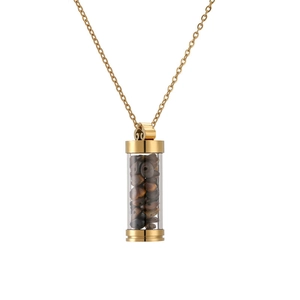 Golden stainless steel perfume bottle pendant necklace filled with brown crushed stones