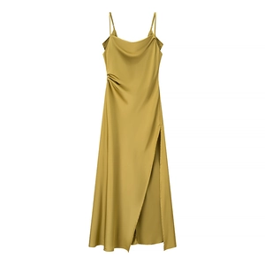 Elegant Satin Maxi Slip Dress Cowl Neck Side Slit Backless Evening Party Formal Spaghetti Strap Sexy For Women