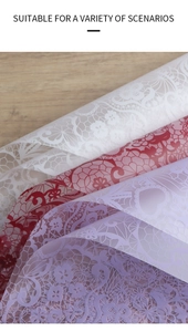 Detail of waterproof lace patterned flower wrapping paper in white, red, and purple colors
