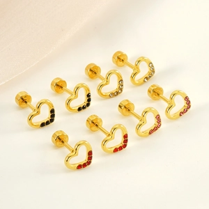 Hollow heart stud earrings with colorful crystals and threaded backing in gold finish