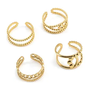 Adjustable Open Rings For Women Stainless Steel 18K Gold Plated Geometric Hollow Out Beaded Minimalist Finger Jewelry