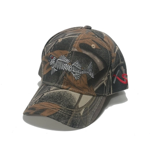 Camouflage baseball cap featuring detailed fish bone embroidery and curved brim for outdoor