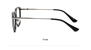 Side view of cat-eye eyewear frames with black rims and gold metal temple design