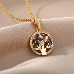 Golden Tree of Life necklace featuring colorful marquise stones on elegant satin fabric