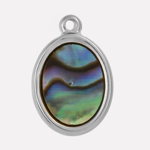Détail du pendentif ovale en acier inoxydable 304 avec incrustation d'abalone irisée
