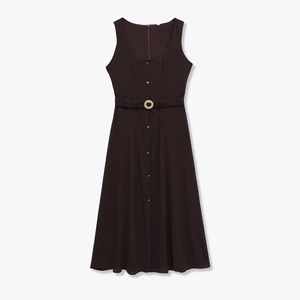 Vestido Midi Sin Mangas Con Cuello Cuadrado Elegante De Satén De Acetato Color Sólido Con Cinturón Y Botones Para Mujer