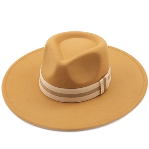 Classic camel wide brim wool fedora hat for men and women with ribbon band