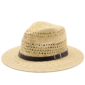 Handwoven straw jazz hat with breathable hollow weave and brown leather belt trim