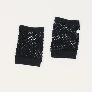 Detail shot of black mesh fingerless gloves with knit texture and open fishnet pattern