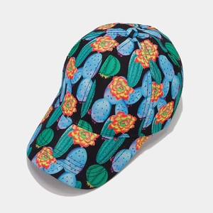 Tropical cactus print baseball cap featuring vibrant floral patterns on black fabric